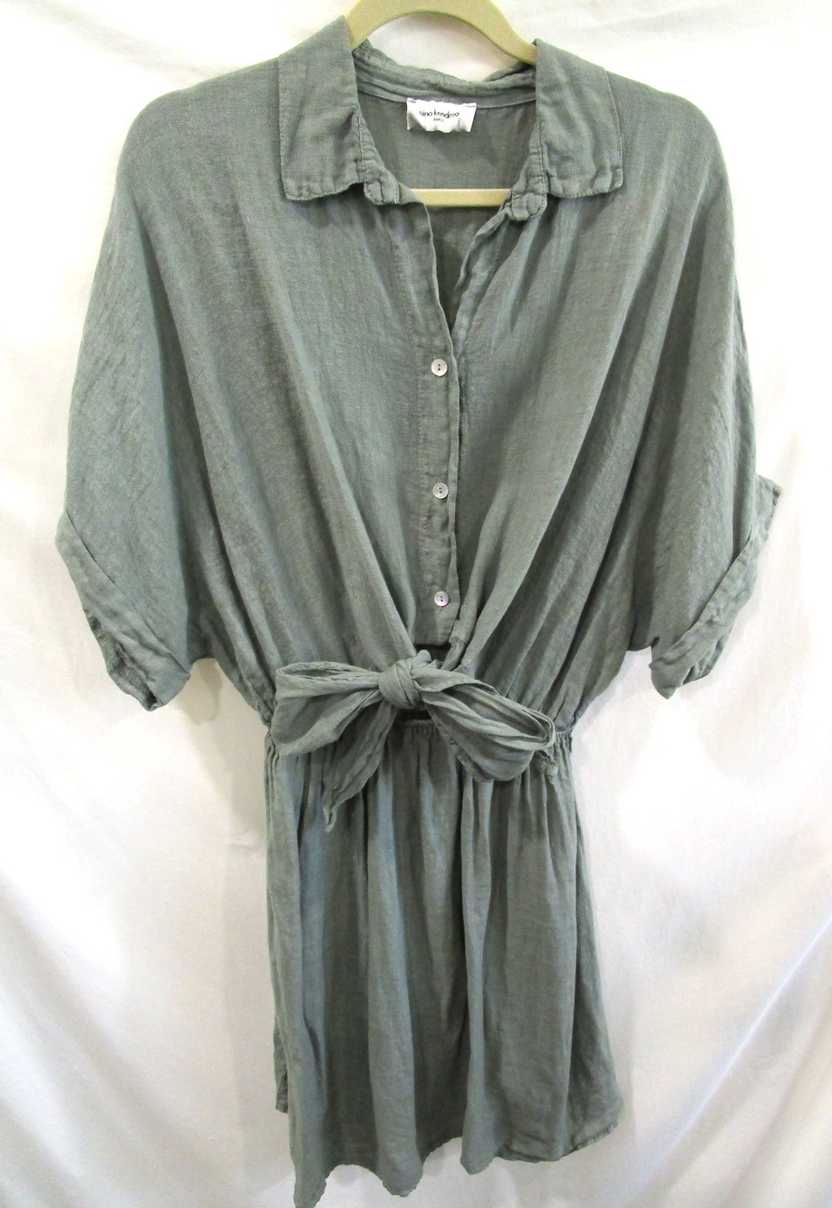 EUC! Nina Kendosa Green 100% Linen Tied Waist Shirt Dress Women Sz 14